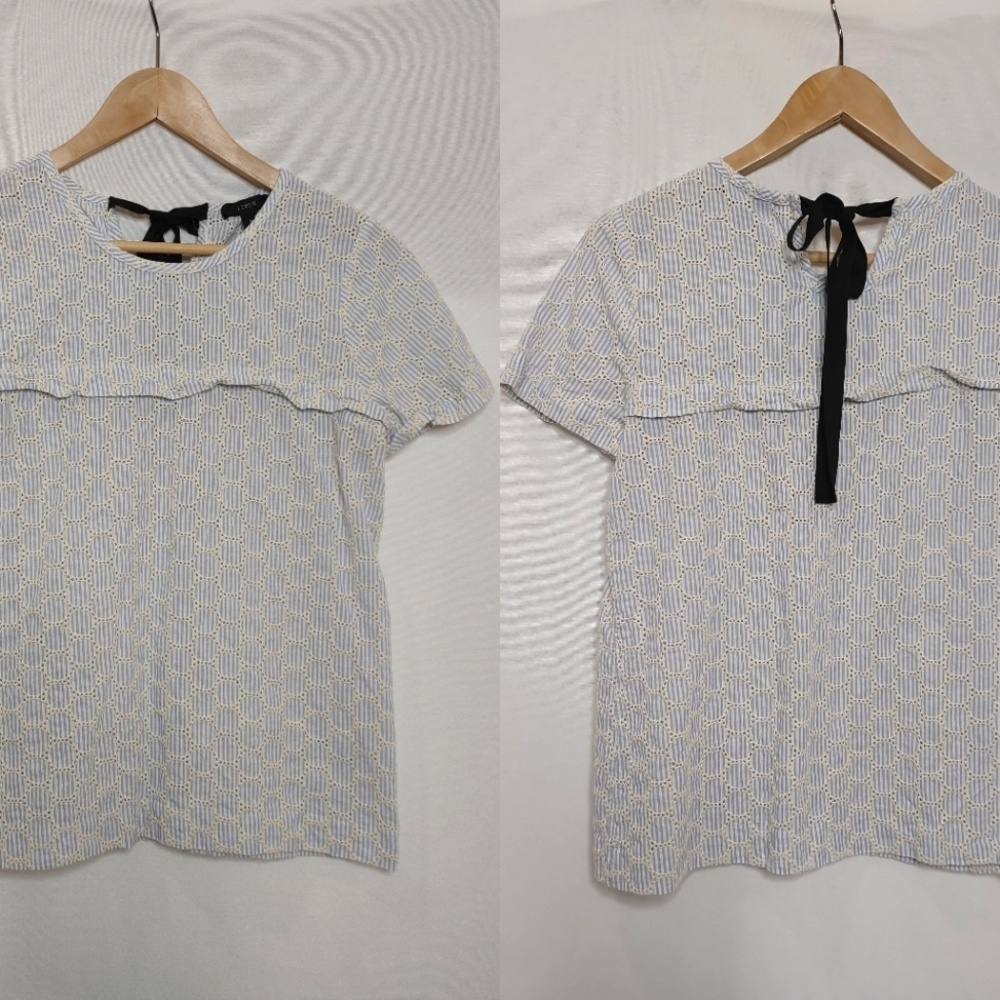 J. Crew Short‎ Sleeve Seersucker Eyelet Ruffle Top White Ivory Blue Size 6
